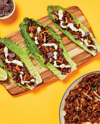 One-Pan Pork Fajita Lettuce Wraps with Blue Corn Tortilla Chips & Lime Crema