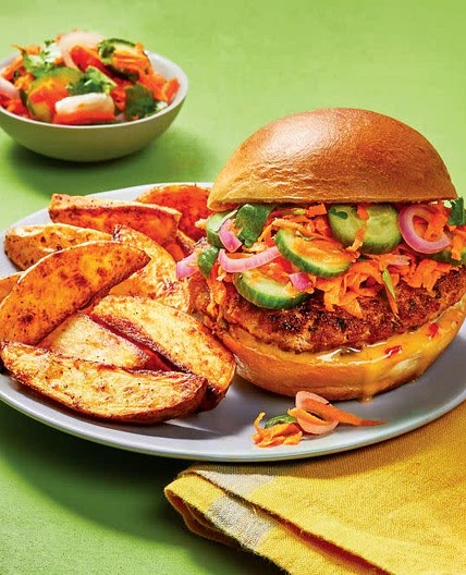 Banh Mi Pork Burgers with Pickled Veggie Slaw, Sriracha Mayo & Garlic Potato Wedges
