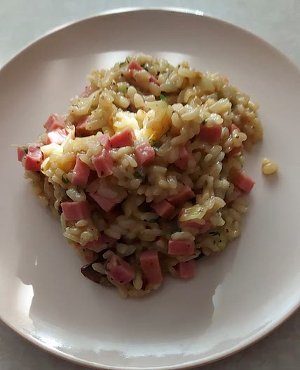 Risotto met ham, prei en champignons