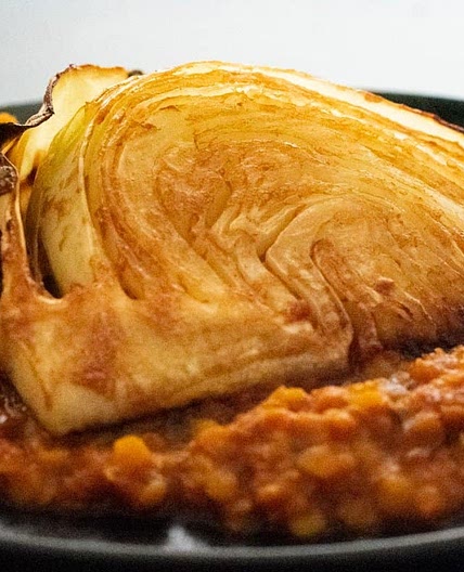 Curried lentils with tamarind roasted cabbage