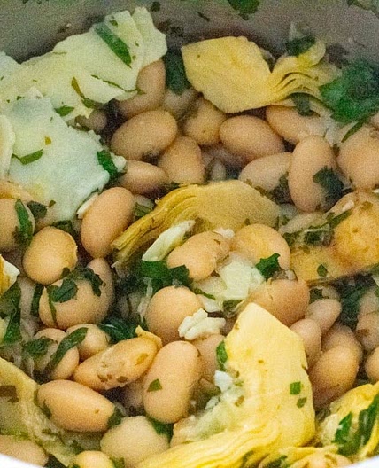 Lemon and pecorino butter beans with artichoke hearts