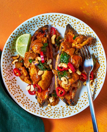 Creamy Chicken Curry Loaded Baked Sweet Potato