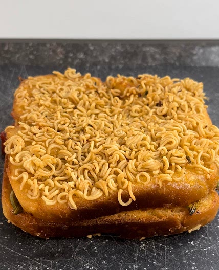Instant noodles shrimp sandwich