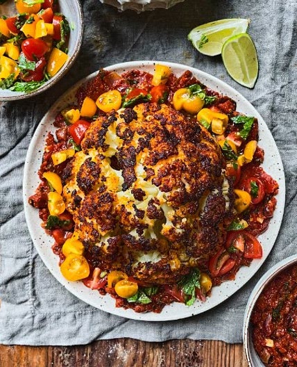 Spiced Whole Cauliflower with Smoky Tomatoes and Salsa