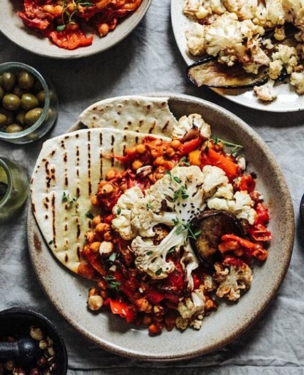 Roast Cauliflower & Aubergine with Smoky Red Pepper & Chickpea Stew