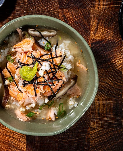 Ochazuke, with flaked salmon, rice and a miso broth, is a meal full of calm comfort