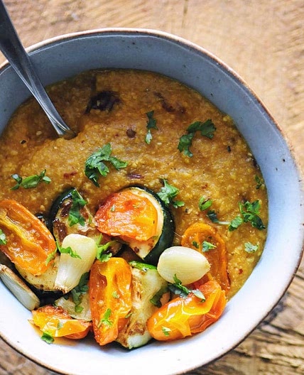 Cheesy Chipotle Pumpkin Polenta with Garlic Roasted Veggies