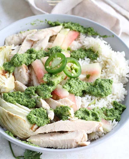 Chicken and Spicy Pickled Watermelon Rind Rice Bowls