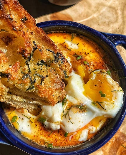 Çılbır-Inspired Eggs En Cocotte — baked, custardy eggs