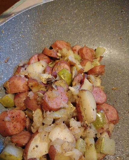 Potato, brat, cucumber skillet