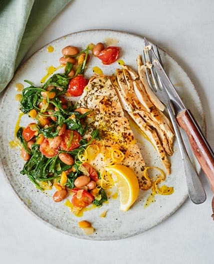Flattened Lemony Chicken with Borlotti Beans, Tomatoes and Spinach