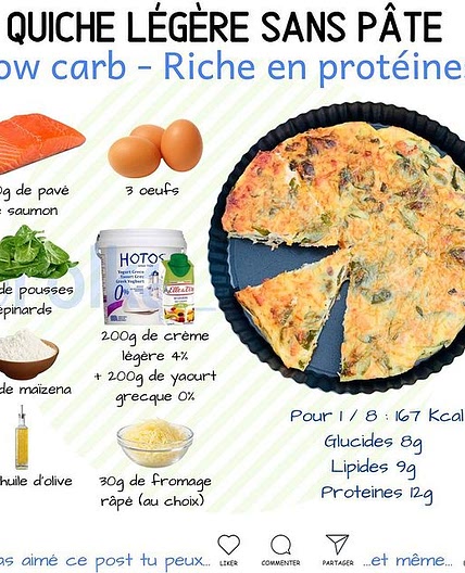 🥗QUICHE SANS PÂTE 🥗 ✅ Healthy, low carb, légère, équilibrée, protéinée, sans gluten, facile à faire,… Il faudra juste rajouter une bonne salade verte et/ou des légumes et l’équilibre sera parfait 😉 ➡️ Préchauffer le four à 200 degrés. ➡️ Faire précuire 