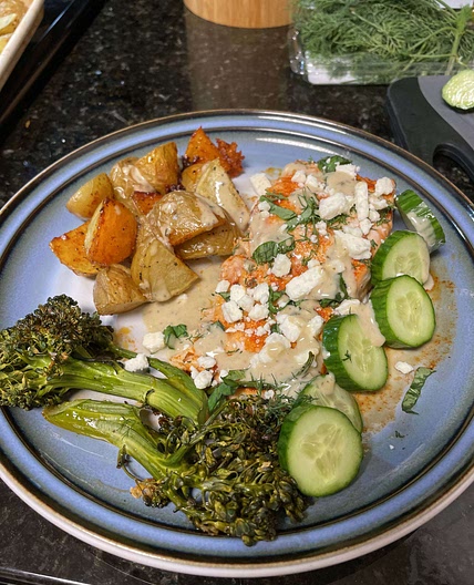 slow roasted salmon with baby potatoes and goddess sauce