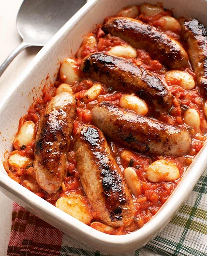 Sausage, tomato & butter bean bake