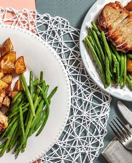 Spanish Pork Chops with patatas bravas and green beans