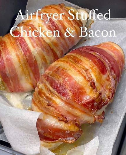 Air fryer Stuffed Chicken & Bacon with Spuds & Veg