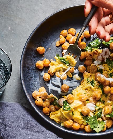 Fried Chickpeas and Scrambled Eggs with Garlicky Greens and Spicy Yogurt