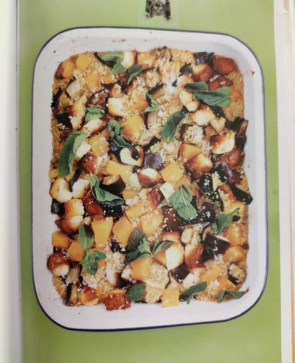 Roasted Aubergine with squash, halloumi, mint & bulgar wheat