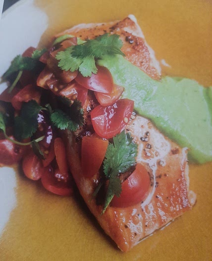 Seared Salmon with Avocado Sauce and Tomato Cilantro Salsa