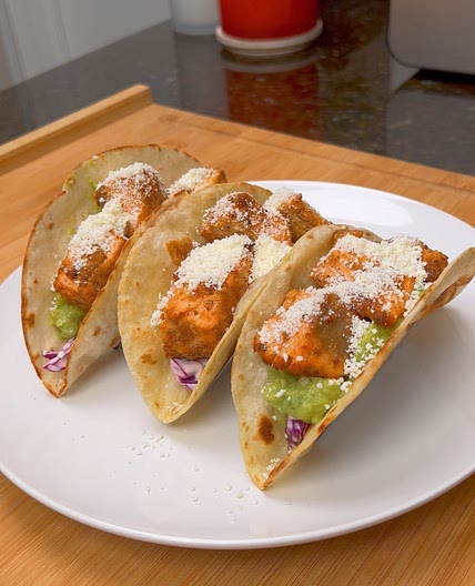Air Fryer Salmon Tacos w/ Lemon Garlic Slaw