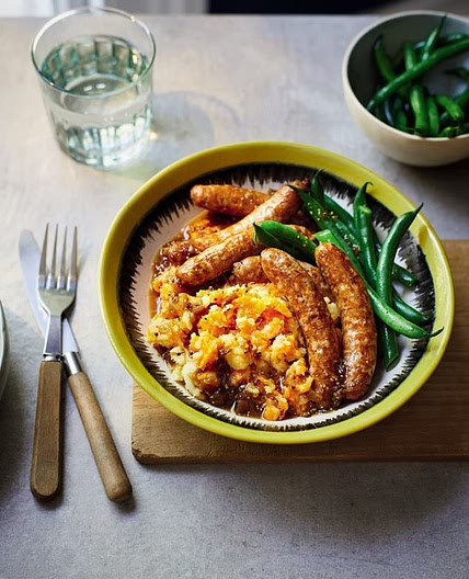 Chipolatas in onion gravy with carrot 🥕 & parsnip mash