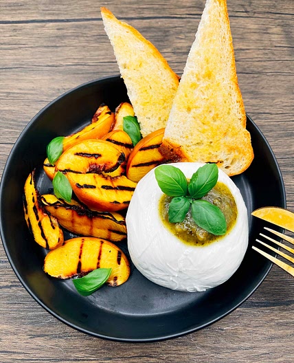 Burrata, Grilled Peaches and Fresh Basil Pesto