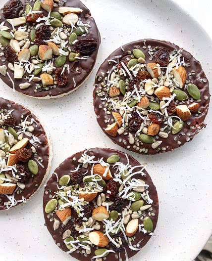 Chocolate-Coated Rice Cakes with Nuts, Seeds and Dried Fruit