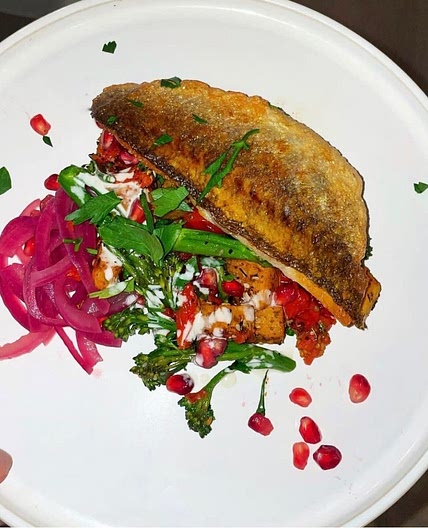 Roasted Middle Eastern Salad, Crispy Seabass & Pickled Tahini