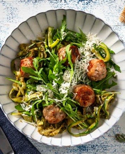 Herbed Pork Meatballs

with Pesto Courgetti and Parmigiano Reggiano