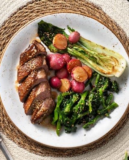 Miso Butter Duck Breast
with Roasted Bok Choy and Radishes