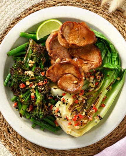Teriyaki Pork Fillet
with Chilli Tenderstem and Bok Choy