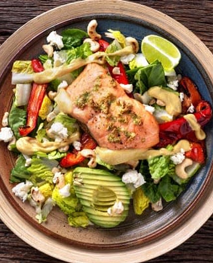 Lime Salmon Salad
With Avocado, Charred Pepper and Cashew Nuts