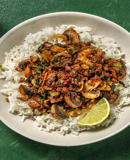 Fragrant Pork and Mushroom Stir-Fry with Pak Choi and Zesty Rice