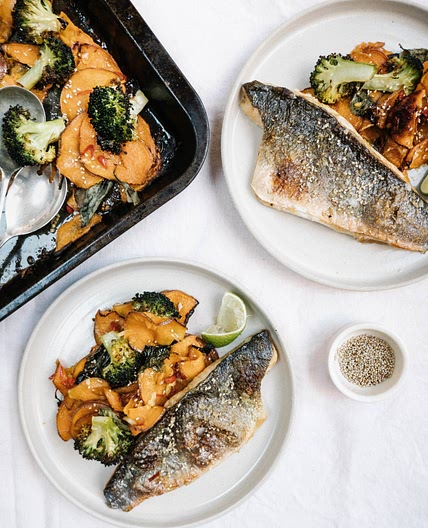 Aromatic sweet potato, broccoli and sea bass tray bake with sesame and lime — Alexandra Dudley