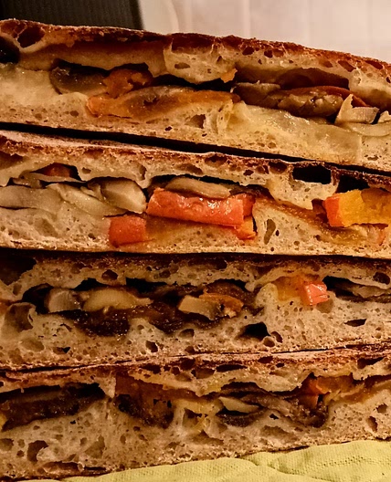 Autumnal focaccia with pumpkin, mushrooms and aubergines