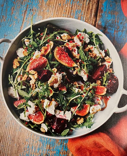 Fig, beetroot, goats' cheese, chilli & walnut salad
