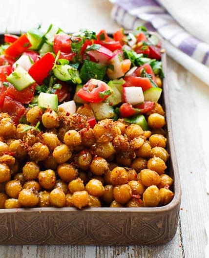 Spiced chickpeas with chopped salad