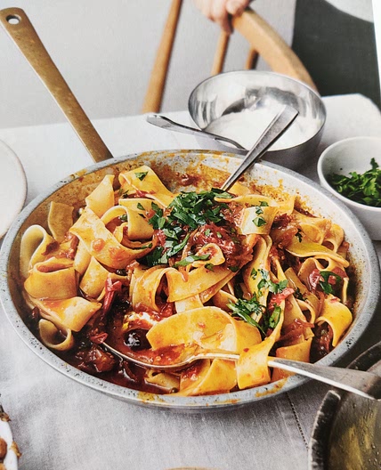 Pappardelle with rose harissa, black olives and capers