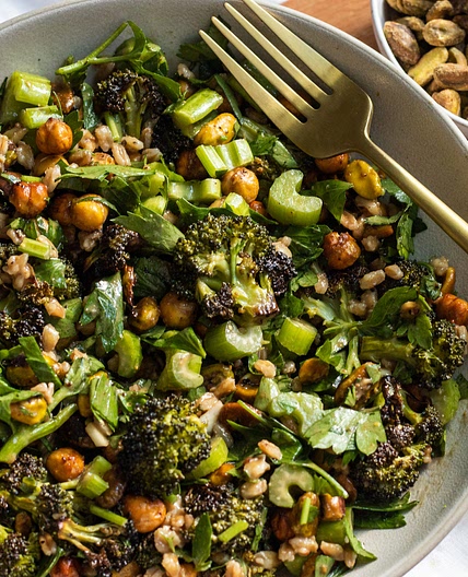 vegan warm broccoli crunch salad with balsamic tahini dressing