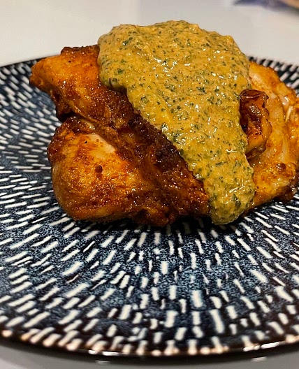 Crispy Chicken Thighs with Spicy Cilantro Sauce