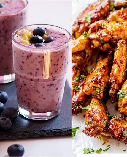 Blueberry Smoothies with Peppered Drumsticks