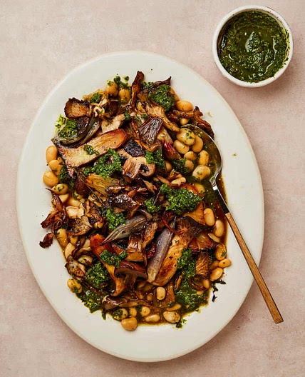 Brothy beans with roast mushrooms and chive salsa