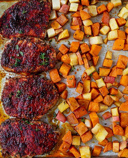SHEET PAN PORK CHOPS WITH SWEET POTATOES AND APPLES