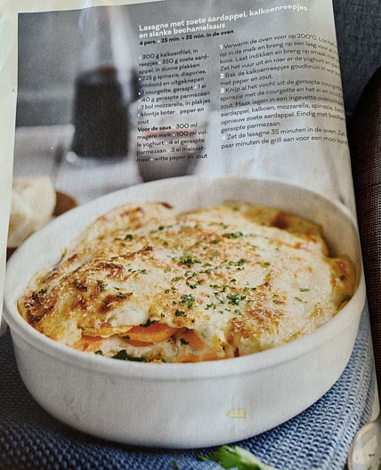 Lasagne met zoete aardappel, kalkoenreepjes en slanke bechemelsaus