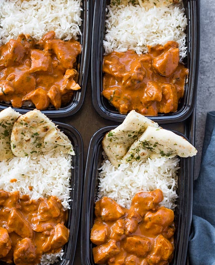 Meal-Prep Butter Chicken with Rice and Garlic Naan  (use this)