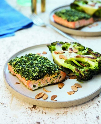 One-Pan Herb-Crusted Salmon with Roasted Broccoli Steaks