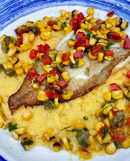 Lemon Sole on Polenta with a Warm Sweetcorn Salsa