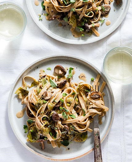 Creamy Fettuccine with Brussels Sprouts & Mushrooms