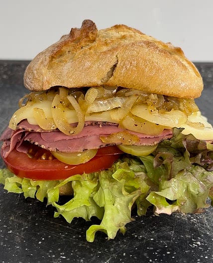 Juicy pastrami sandwich