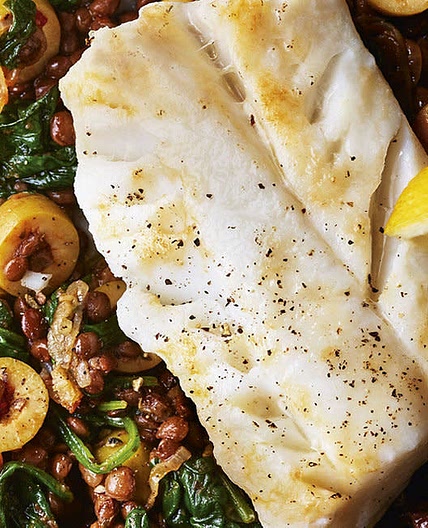 Cod with Olives, Spinach & Lentils